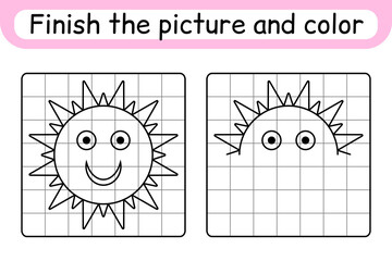 Complete the picture sun. Copy the picture and color. Finish the image. Coloring book. Educational drawing exercise game for children
