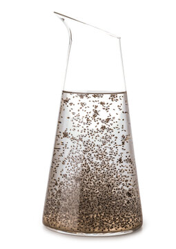 Flask Of Water With Chia Seeds On White Background