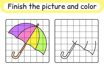 Complete the picture umbrella. Copy the picture and color. Finish the image. Coloring book. Educational drawing exercise game for children
