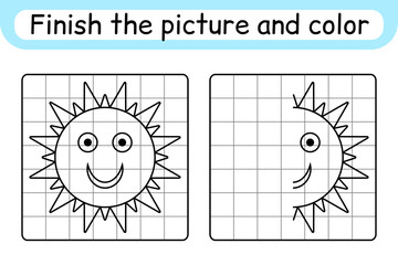 Complete the picture sun. Copy the picture and color. Finish the image. Coloring book. Educational drawing exercise game for children