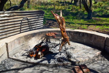 Lamb on the spit, cooked with the traditional Argentine method, La Pampa province, Patagonia,...