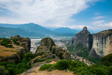 Fototapeta na wymiar View of Kalabaka town from the top of the iconic rocks of Meteora in Greece