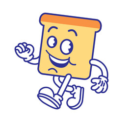 Retro cartoon character with a body of a bread toast. Restaurant, fast food mascot. Vintage rubberhose comic style design. 