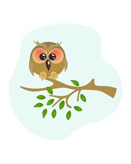 Illustration of a cute owl sitting on a branch. Suitable for postcards, stickers, web pages. Adorable owlet in cartoon style vector design.