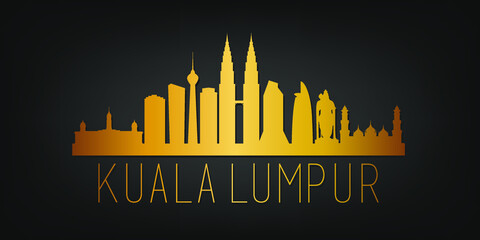 Naklejka premium Kuala Lumpur, Malaysia Gold Skyline City Silhouette Vector. Golden Design Luxury Style Icon Symbols. Travel and Tourism Famous Buildings.