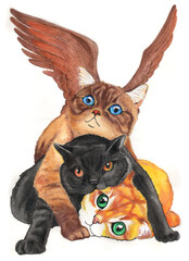Watercolor painting of an angel brown cat saving his cat friends