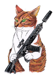 A cunning green-eyed tabby-white cat sits holding a rifle on white background. Gouache painting of a malicious mafioso cat