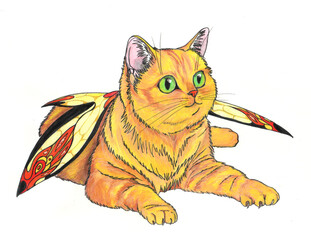 A gouache painting of a yellow butterfly cat with green eyes resting on his stomach.
