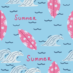 Seamless pattern with surfboards and waves. summer background