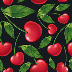 A seamless pattern of juicy cherries mix isolated on a black background. Simple decorative wallpaper element, texture, and gift wrapping paper. 