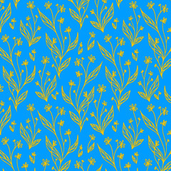 Fototapeta na wymiar Elegant golden flower pattern on blue background. Vintage wallpaper and gift wrapping.