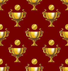 Seamless pattern of a golden cup with a coin hovering over it on the cherry-red background. Decorative element for scrapbooking and gift wrapping.