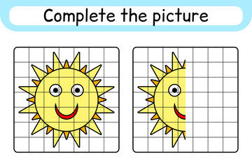 Complete the picture sun. Copy the picture and color. Finish the image. Coloring book. Educational drawing exercise game for children