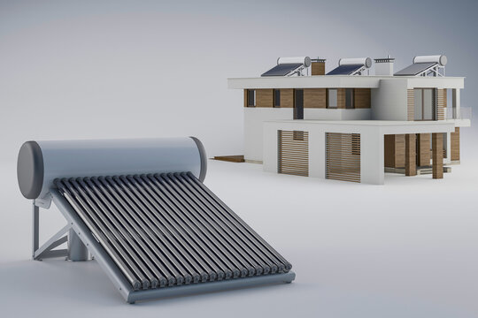 Solar collector, green energy on a modern house, white background 3d illustration.