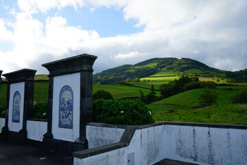 Mountains behind Igreja de Nossa Senhora da Paz in Vila Franca do Campo, Sao Miguel, Azores...