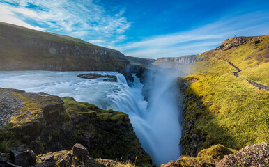 Gullfoss massive waterfall top view silk water