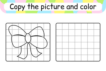 Copy the picture and color bow. Complete the picture. Finish the image. Coloring book. Educational drawing exercise game for children