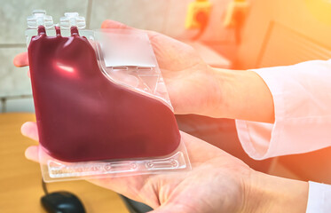 Placental cord blood bank donated blood unit prepared by gloved hands isolated. - obrazy, fototapety, plakaty