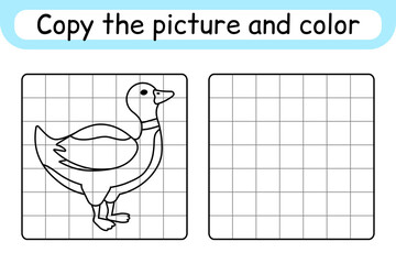Copy the picture and color duck. Complete the picture. Finish the image. Coloring book. Educational drawing exercise game for children