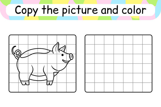 Copy the picture and color pig. Complete the picture. Finish the image. Coloring book. Educational drawing exercise game for children
