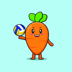 Cute cartoon carrot character playing volleyball in flat cartoon style illustration