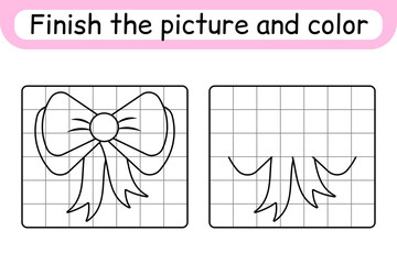 Complete the picture bow. Copy the picture and color. Finish the image. Coloring book. Educational drawing exercise game for children
