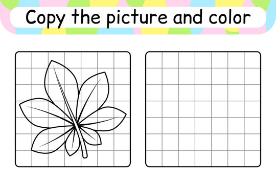 Copy the picture and color leaf chestnut. Complete the picture. Finish the image. Coloring book. Educational drawing exercise game for children