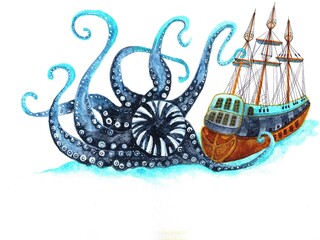 watercolor sea monster with tentacles or kraken catches a sailboat or a medieval ship