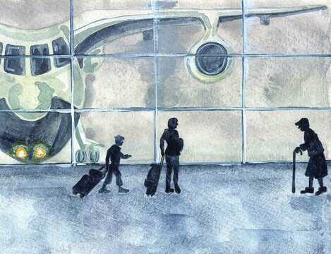 watercolor postcard with an airplane on the runway at the airport and passengers silhouettes in the lounge