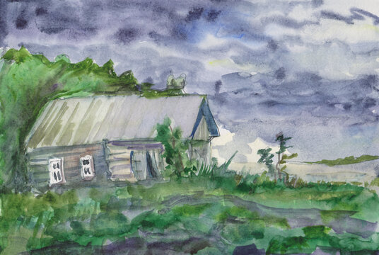 Lonely old house in  bad weather6 watercolor