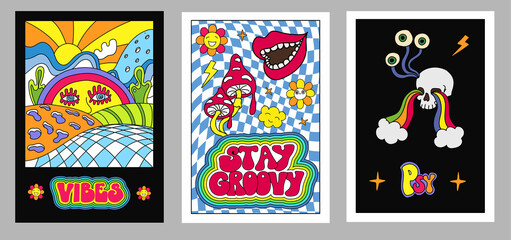 Bright groovy posters 70s. Retro prints with psychedelic flowers and mushrooms, Hallucination elements, skull, eyes, flowers.
