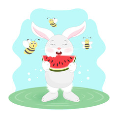 Cute rabbit and funny bees, symbol of the year 2023