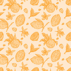 Engraving lemons seamless pattern. Vintage background with whole lemon, sliced, half, leaf, flowers and seed in hand drawn style.