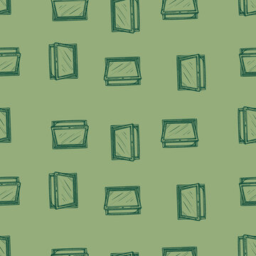 Opened window lean forward seamless pattern. Retro element inside wall in hand drawn style.