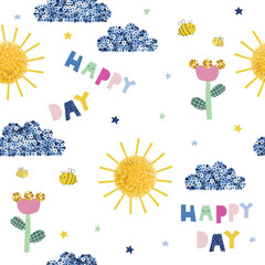 Seamless pattern with funny seaquins clouds and pompon sun. Childish cute print. Vector hand drawn illustration.