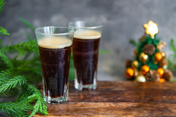 christmas hot drink coffee, cocktail, cocoa New Year sweet dessert home holiday atmosphere meal food snack on the table copy space food background rustic top view