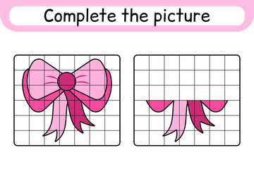 Complete the picture bow. Copy the picture and color. Finish the image. Coloring book. Educational drawing exercise game for children