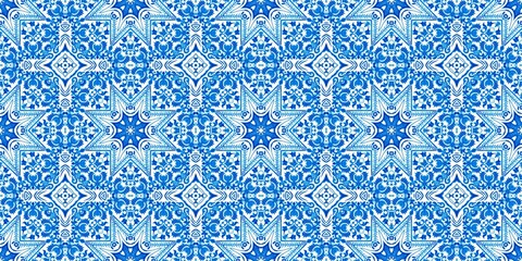 Blue white watercolor azulejo tile border background. Seamless coastal geometrical floral mosaic effect banner. Ornamental arabesque summer fashion repeat edge trim.