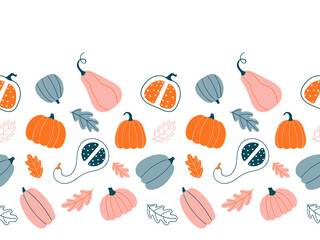 Seamless border with various pumpkins and autumn leaves. Autumn design in a simple hand-drawn style.