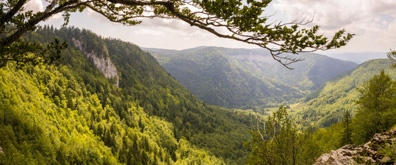 La combe d’Orvaz et la Roche Fauconnière vue depuis la crête du cirque d’Orvaz, Jura, Ain, Auvergne-Rhône-Alpes, France