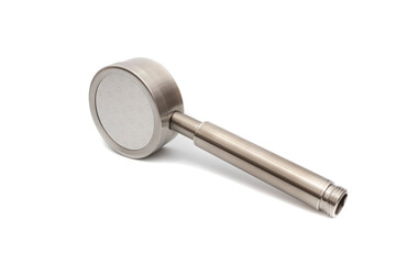 A shower head, stainless steel. Isolated on white background. The first civilization to use a type of installation that we might consider today as a shower were the ancient Greeks.