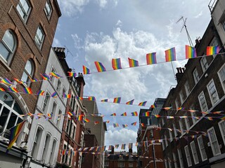 Rainbow flag decoration in Soho, London