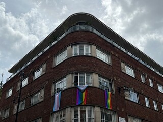 Rainbow flag decoration in Soho, London