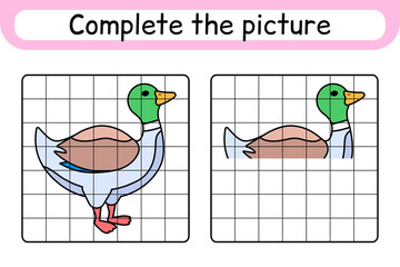 Complete the picture duck. Copy the picture and color. Finish the image. Coloring book. Educational drawing exercise game for children