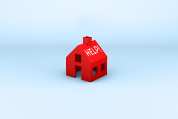 A red house on light blue background with Help! written on the roof, indicating assistance needed with rising cost of living and the housing crisis. Very high-resolution image for print or on screen.
