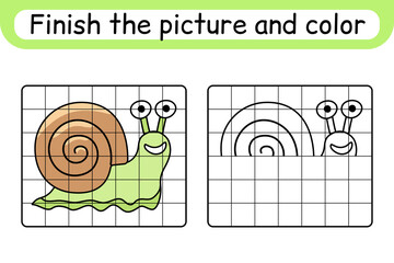 Complete the picture snail. Copy the picture and color. Finish the image. Coloring book. Educational drawing exercise game for children