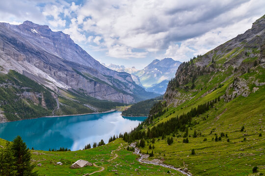 Mountainous Oeschinen Lake and Swiss Alps, Kandersteg, Berner Oberland, Switzerland.