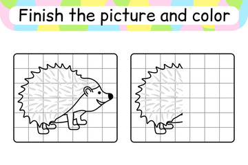 Obraz premium Complete the picture hedgehog. Copy the picture and color. Finish the image. Coloring book. Educational drawing exercise game for children