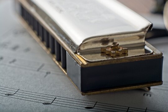 Close up of harmonica set on music score - Powered by Adobe