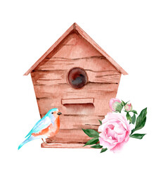 Empty wooden old birdhouse. Hand drawn watercolor illustration with pink peonies flowers and buds and colorful bird. Greeting card Mother's Day, Birthday, Easter.